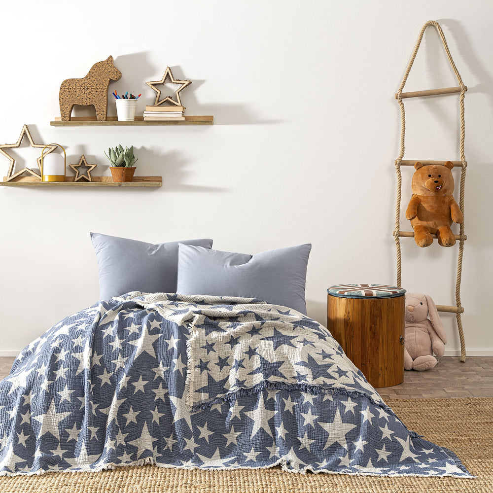 Star Blue Muslin Organic Cotton Blanket / Bedspread